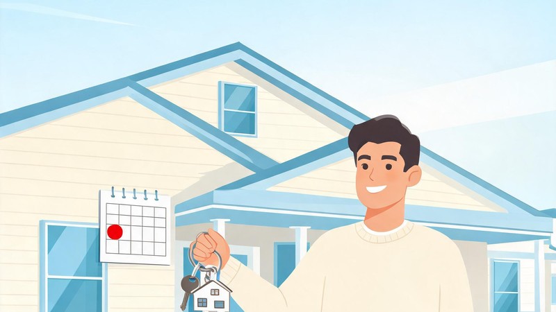 Illustration of a landlord with house keys and a late-fee calendar